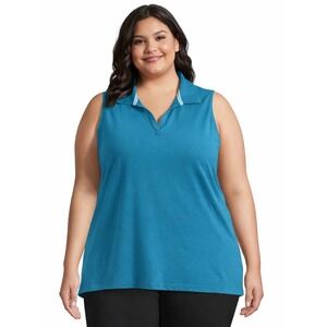 St. Johns Bay Sleeveless Polo Tank Top Women 3X Turquoise V-Neck Cotton Stretch